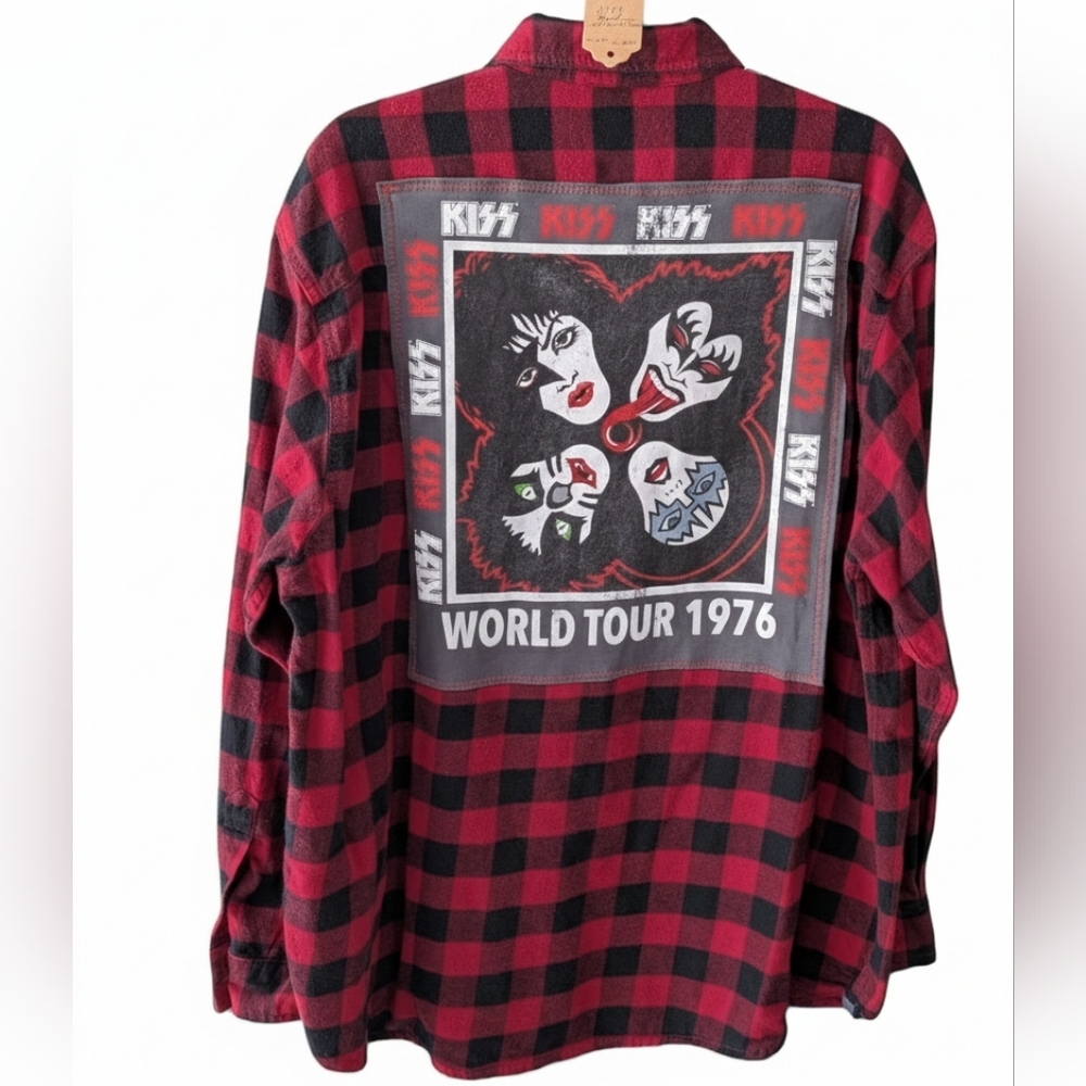 KISS BAND Upcycled Flannel Plaid Shirt Hand Crafted